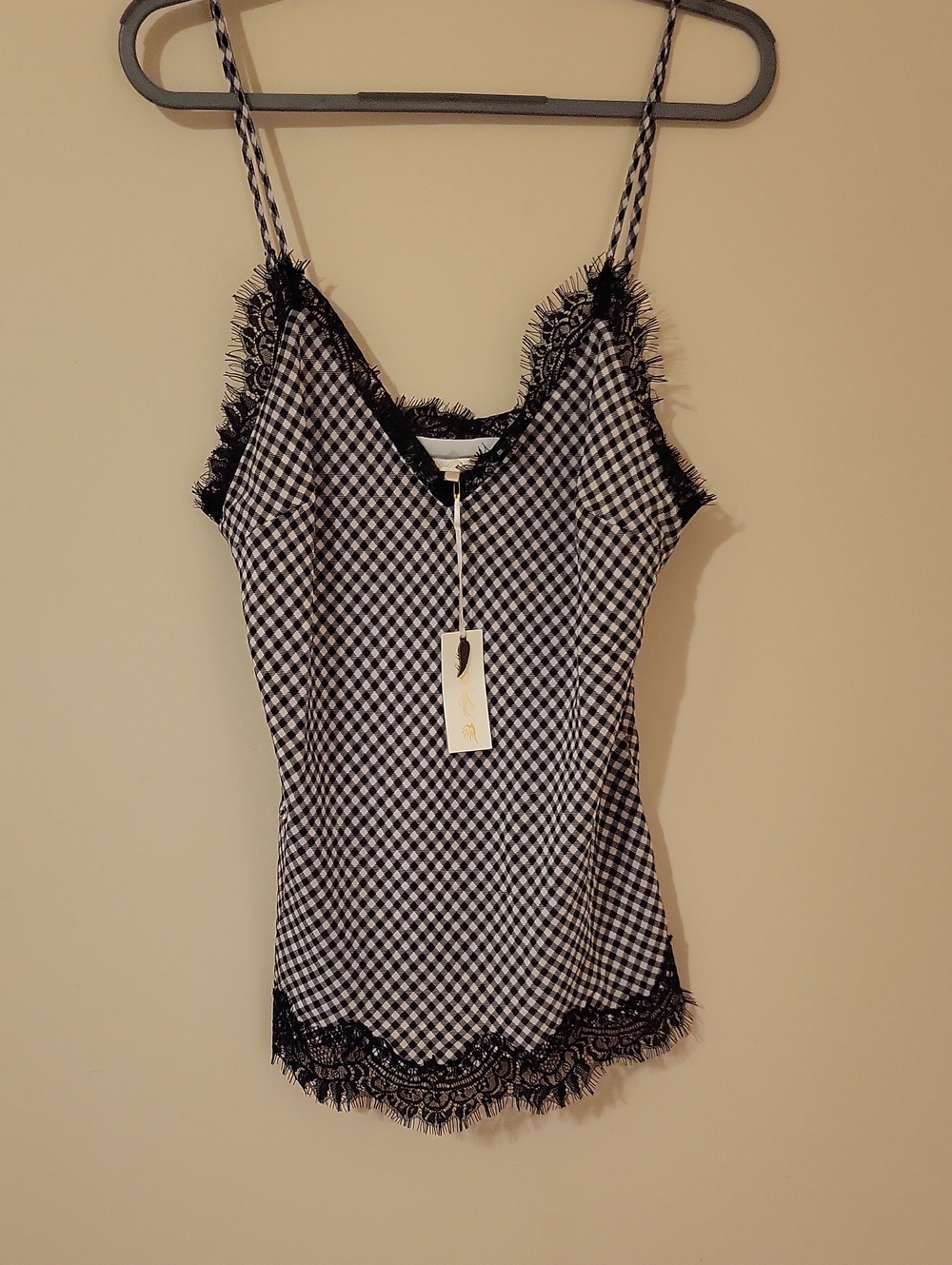 35G Black & White Gingham Lace-Trim Cami Top
